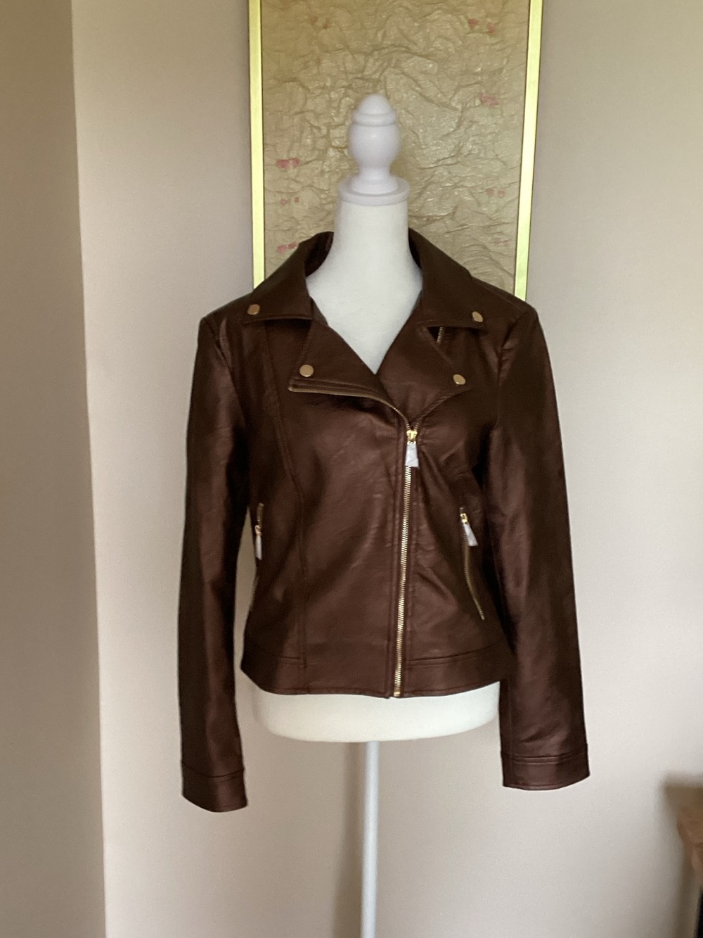 Joseph Ribkoff Brown Leather Moto Jacket with Gold Hardware